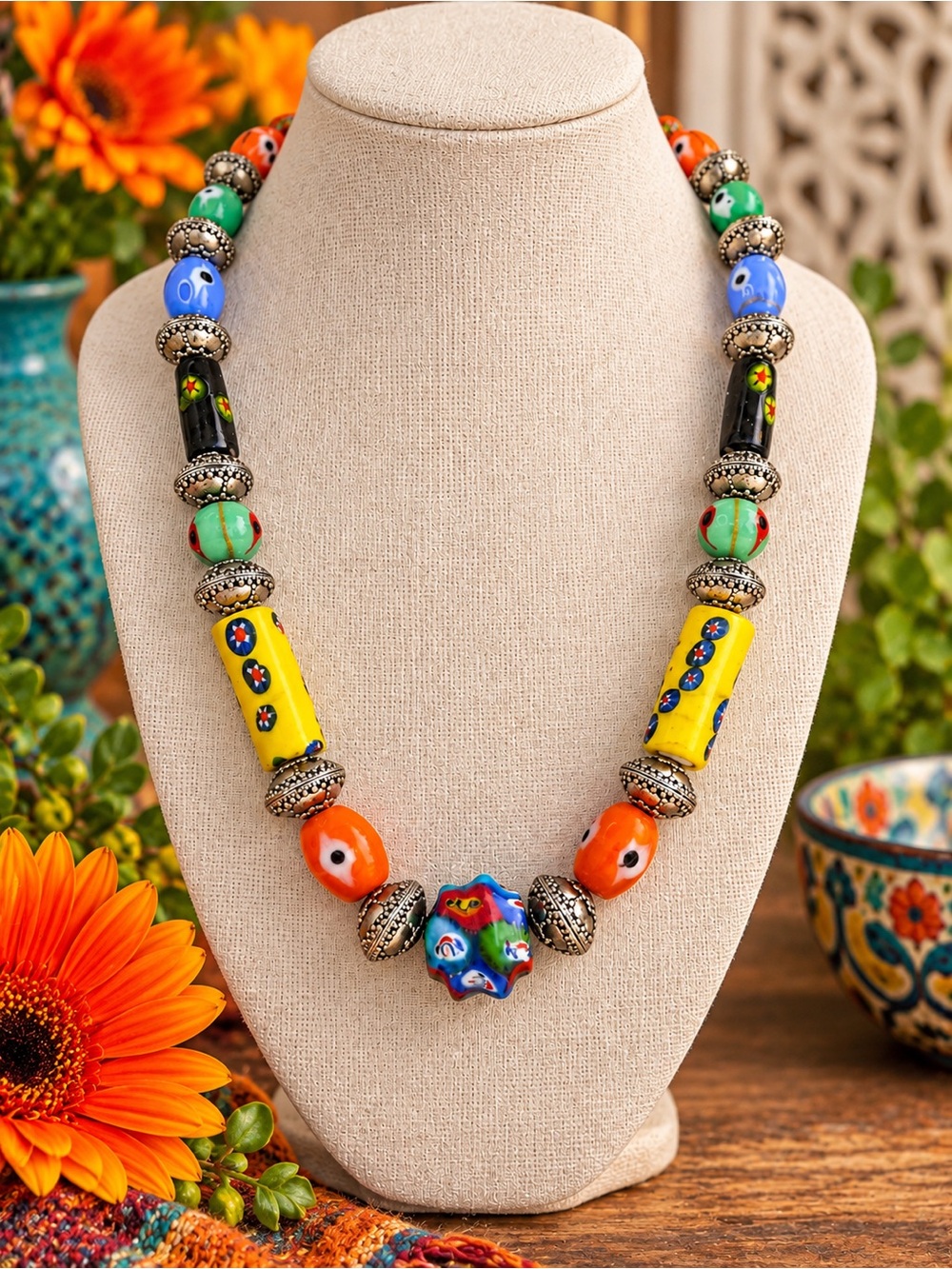 Venetian Style Trade Bead Necklace Millefiori Eye & Fiorato Art Glass Statement